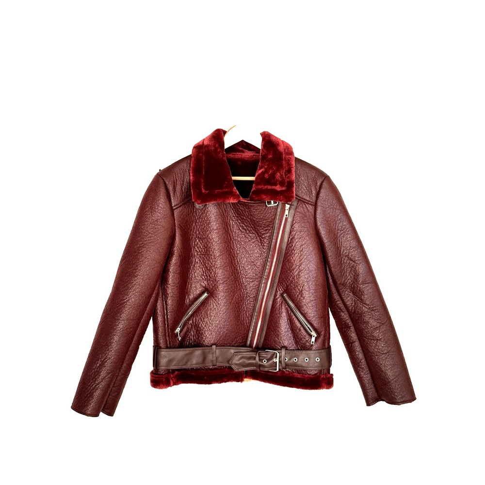 COMMENSE Womens S Burgundy Faux Leather Shearling Aviator Moto Jacket Belted NWT